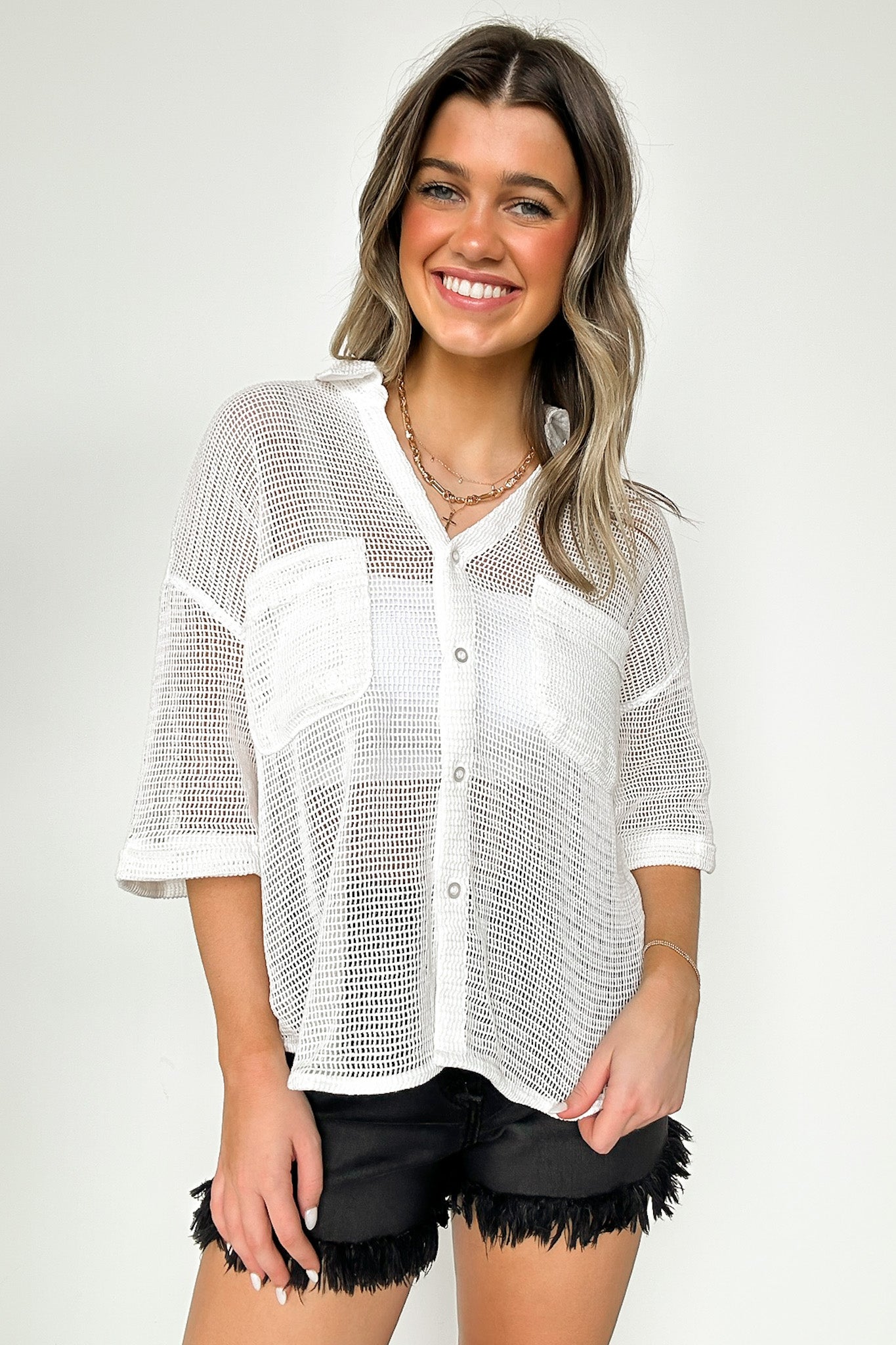  Dennington Short Sleeve Open Knit Button Down Top - FINAL SALE - Madison and Mallory
