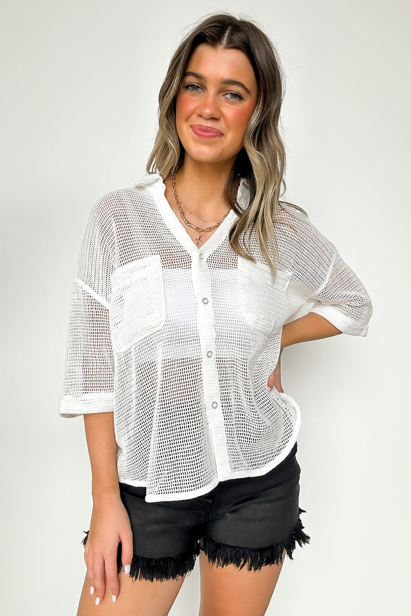 White / S Dennington Short Sleeve Open Knit Button Down Top - Madison and Mallory