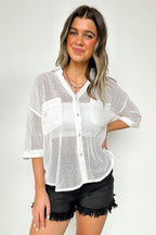 White / S Dennington Short Sleeve Open Knit Button Down Top - FINAL SALE - Madison and Mallory