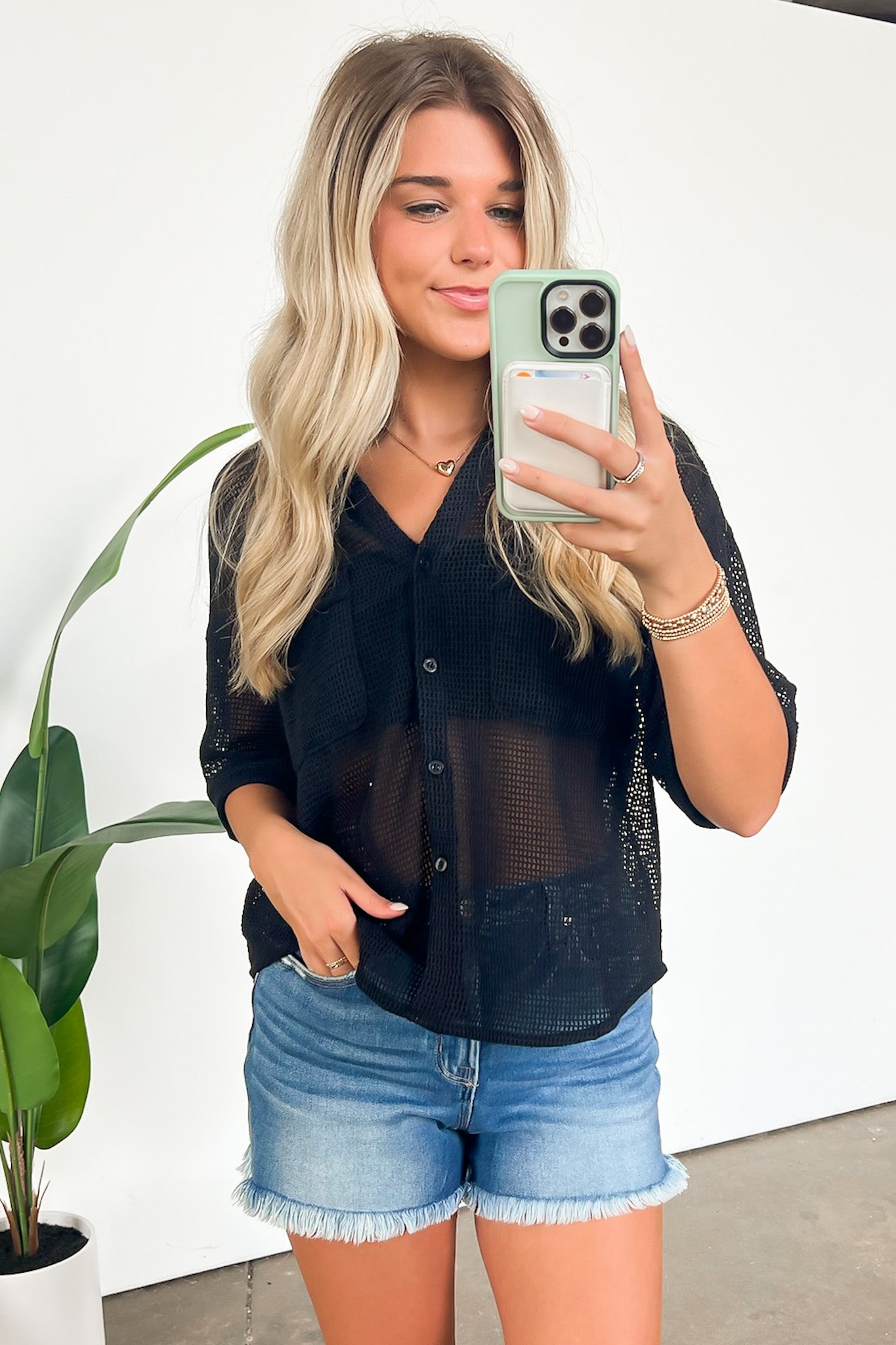  Dennington Short Sleeve Open Knit Button Down Top - FINAL SALE - Madison and Mallory