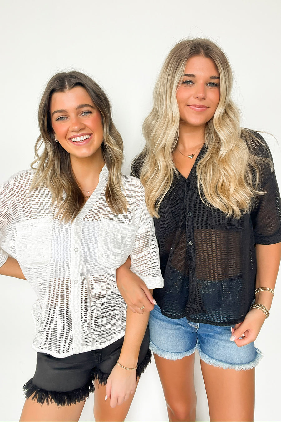  Dennington Short Sleeve Open Knit Button Down Top - Madison and Mallory