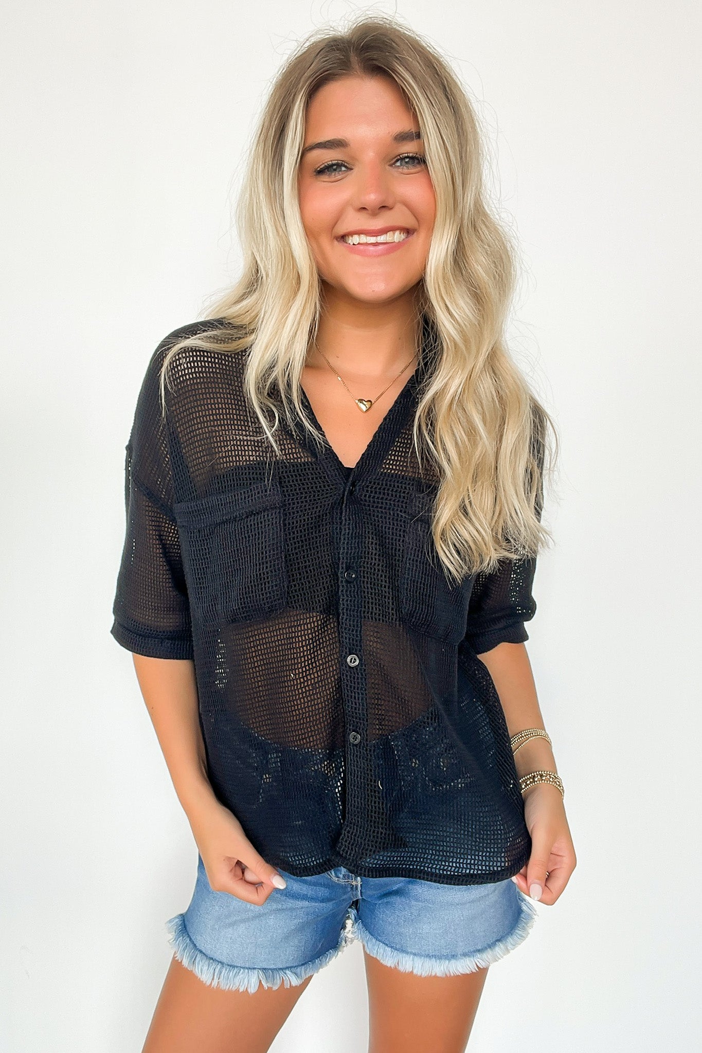  Dennington Short Sleeve Open Knit Button Down Top - Madison and Mallory