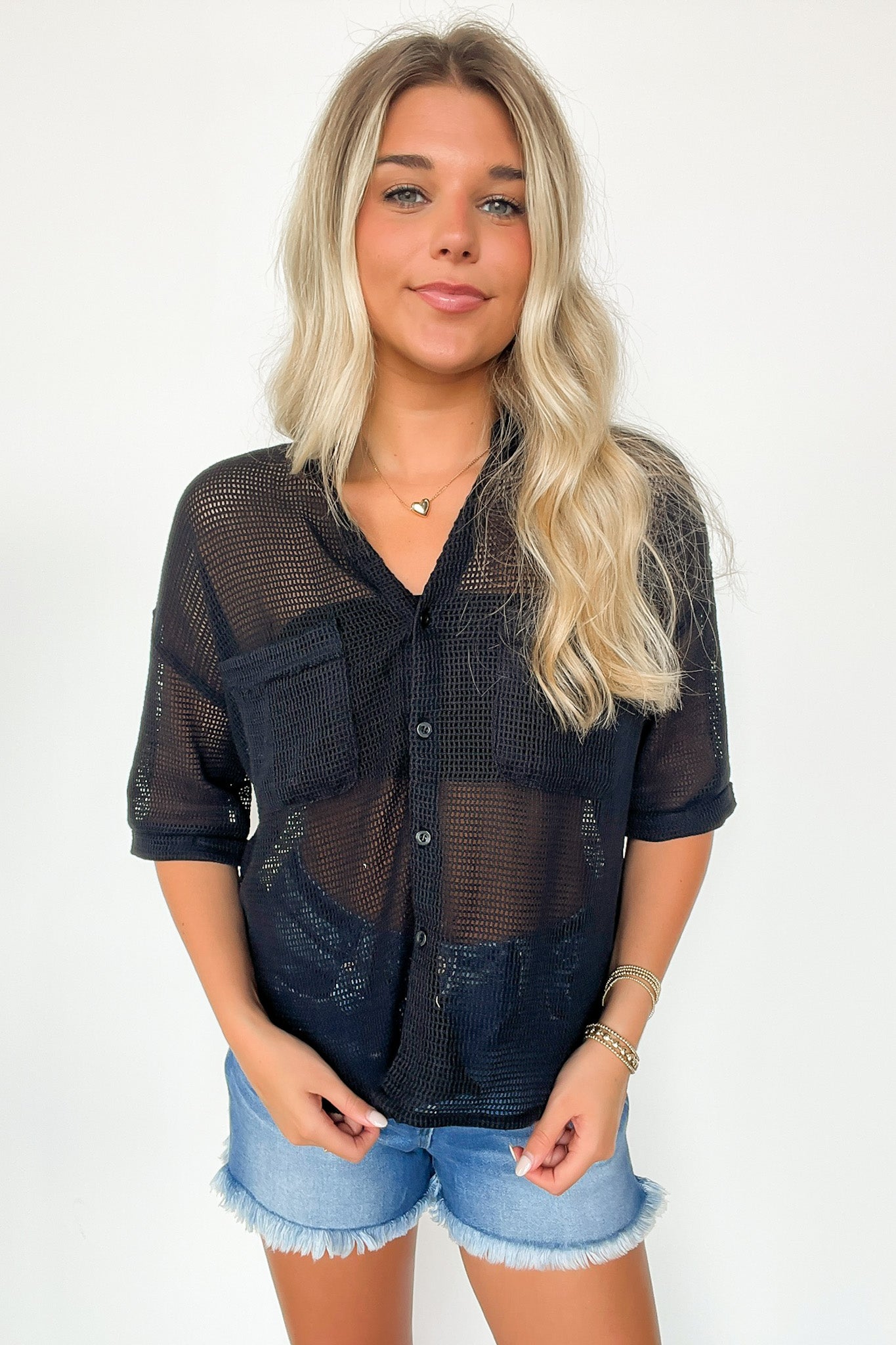 Black / S Dennington Short Sleeve Open Knit Button Down Top - Madison and Mallory