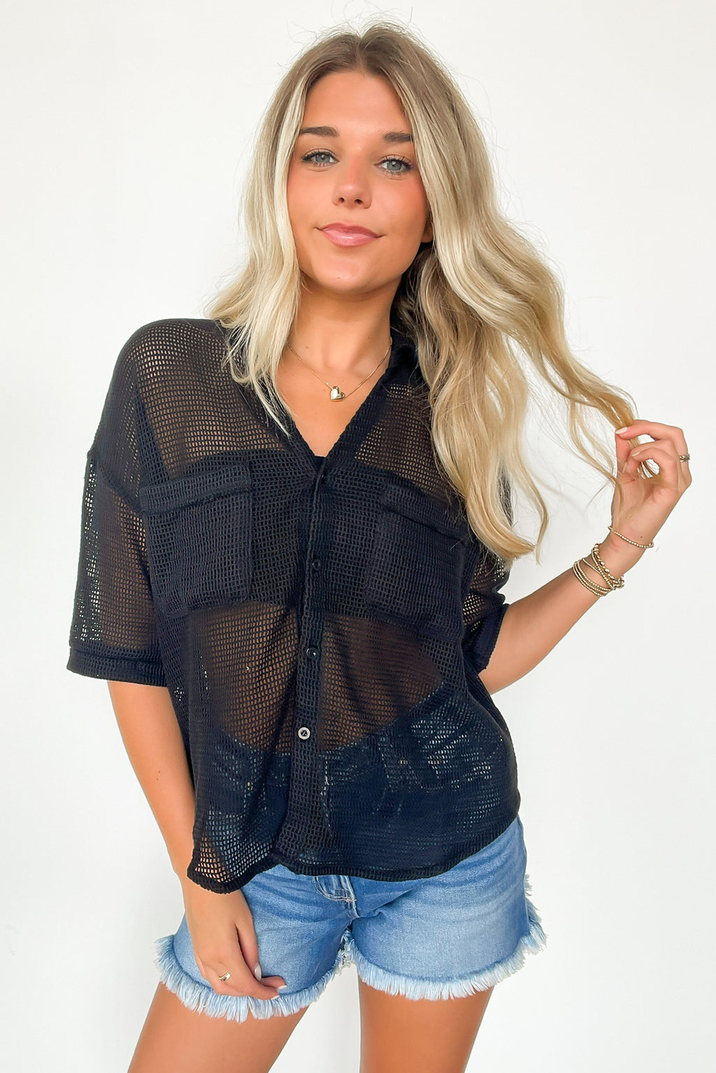  Dennington Short Sleeve Open Knit Button Down Top - FINAL SALE - Madison and Mallory