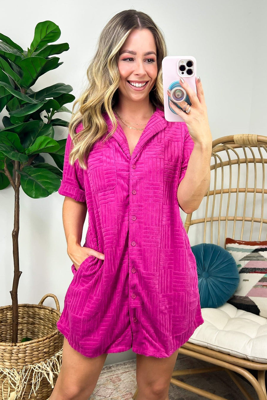 Pink / S Derica Textured Knit Casual Oversized Mini Dress - Madison and Mallory