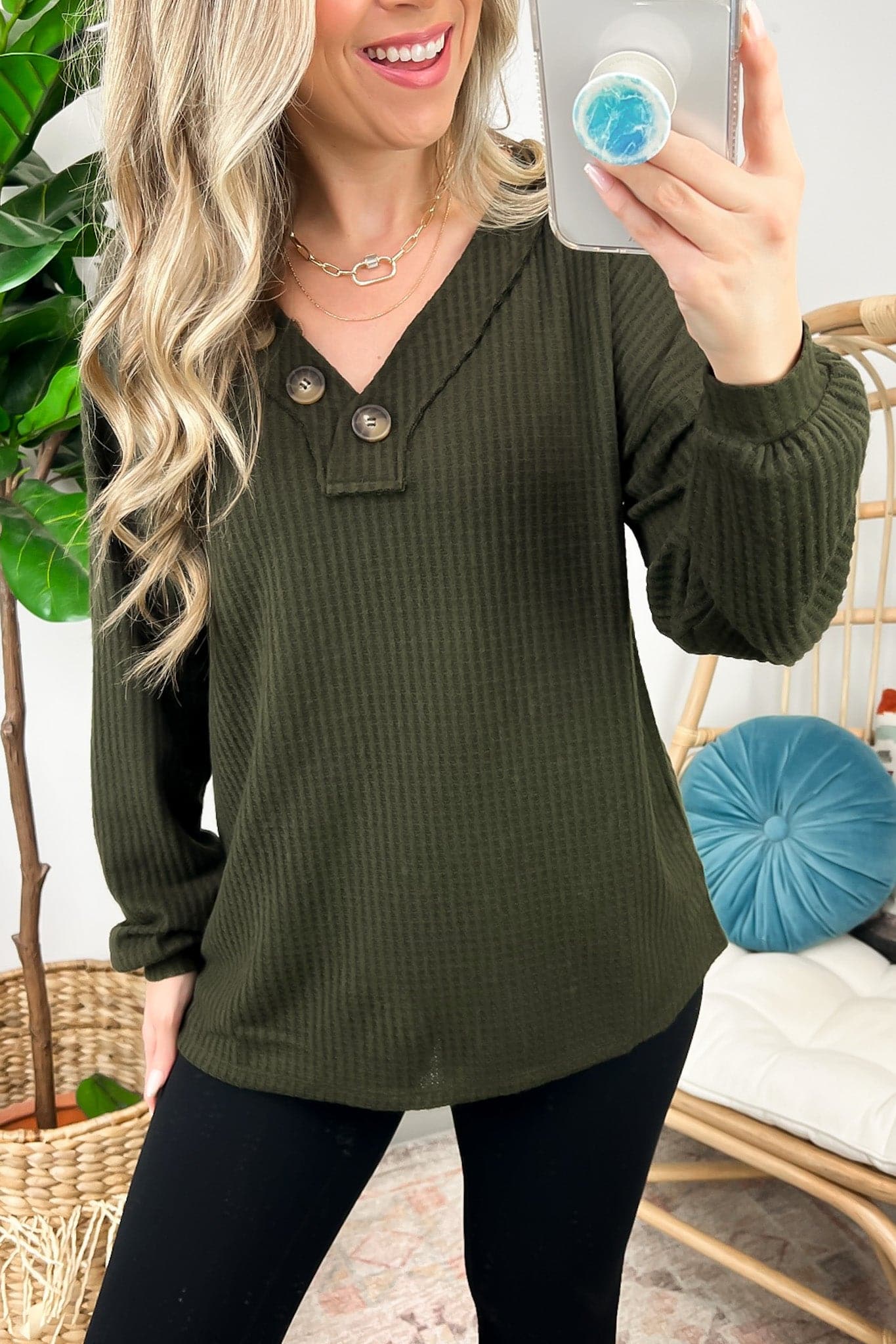  Derita Waffle Knit V-Neck Button Top - BACK IN STOCK - Madison and Mallory
