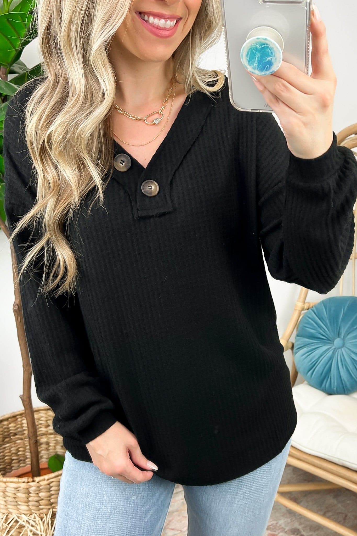  Derita Waffle Knit V-Neck Button Top - BACK IN STOCK - Madison and Mallory