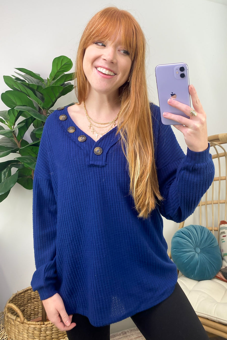 Light Navy / S Derita Waffle Knit V-Neck Button Top - BACK IN STOCK - Madison and Mallory