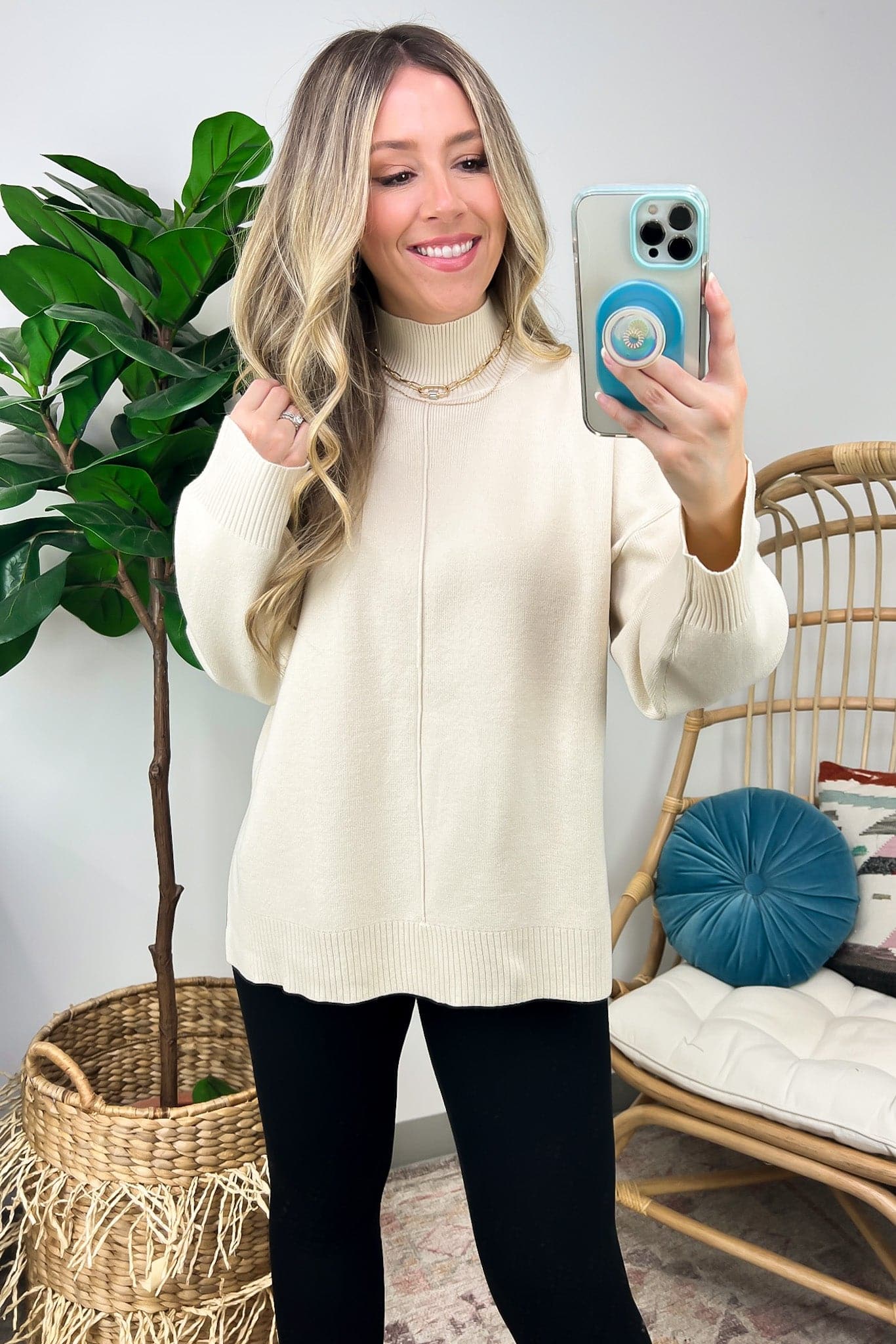 Cream / S Derossi Mock Neck Front Seam Sweater - Madison and Mallory