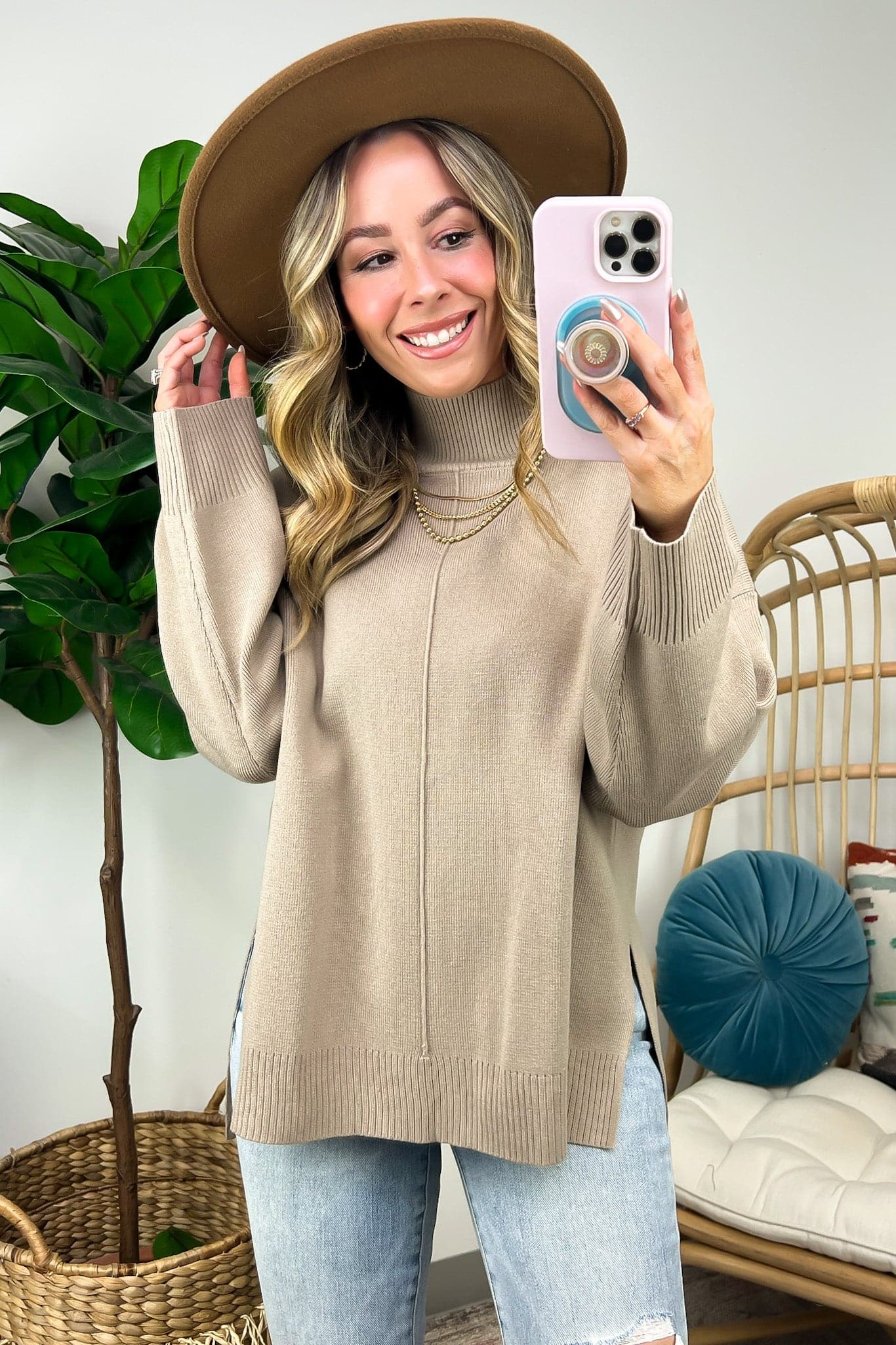 Taupe / S Derossi Mock Neck Front Seam Sweater - Madison and Mallory
