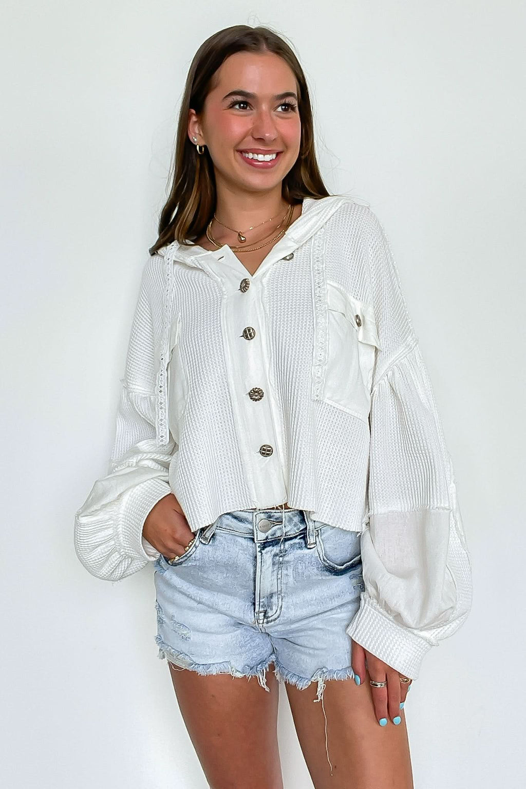 Ivory / S Desert Mornings Thermal Button Down Hooded Shacket - Madison and Mallory