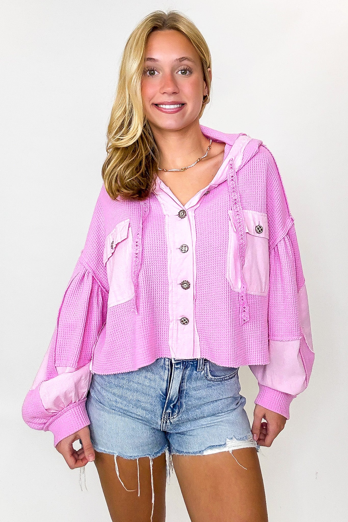 Candy Pop Pink / S Desert Mornings Thermal Button Down Hooded Shacket - Madison and Mallory