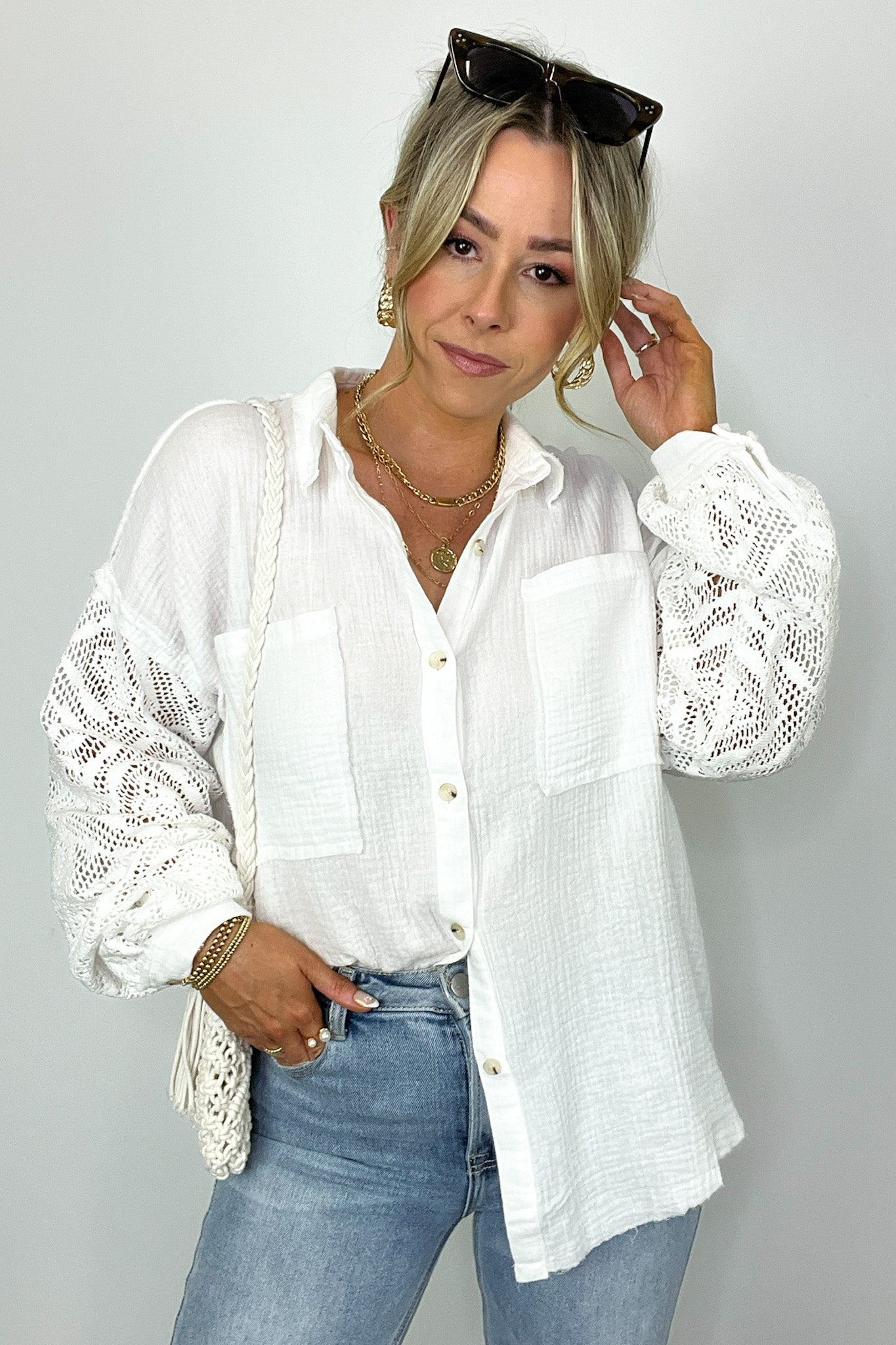  Desiree Crochet Sleeve Button Down Top - Madison and Mallory