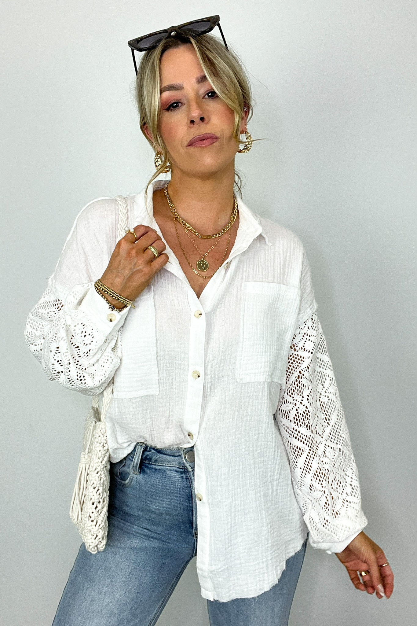 White / S Desiree Crochet Sleeve Button Down Top - Madison and Mallory