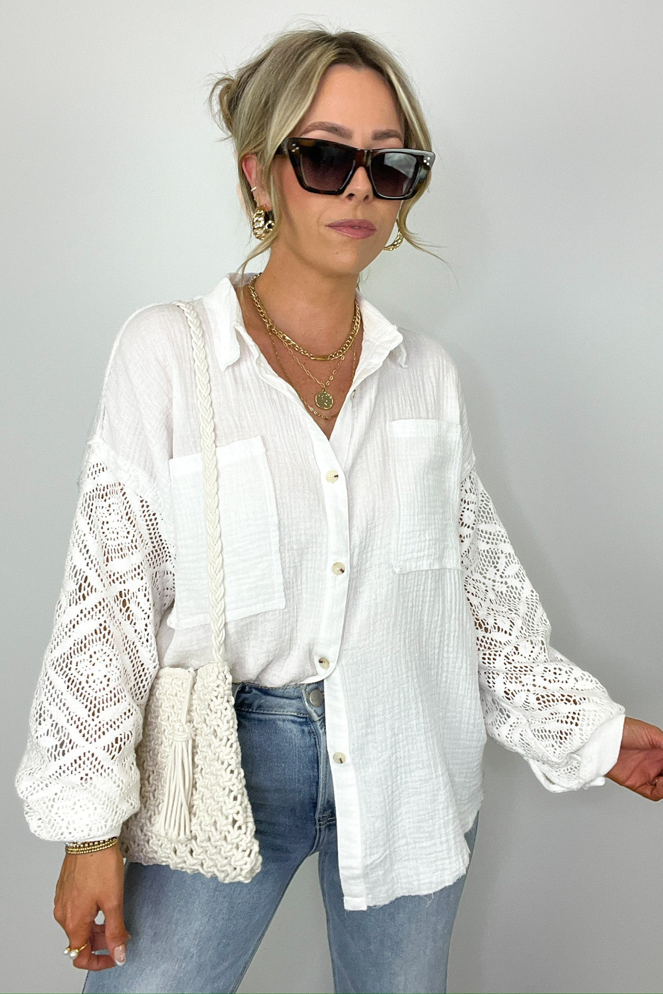  Desiree Crochet Sleeve Button Down Top - Madison and Mallory