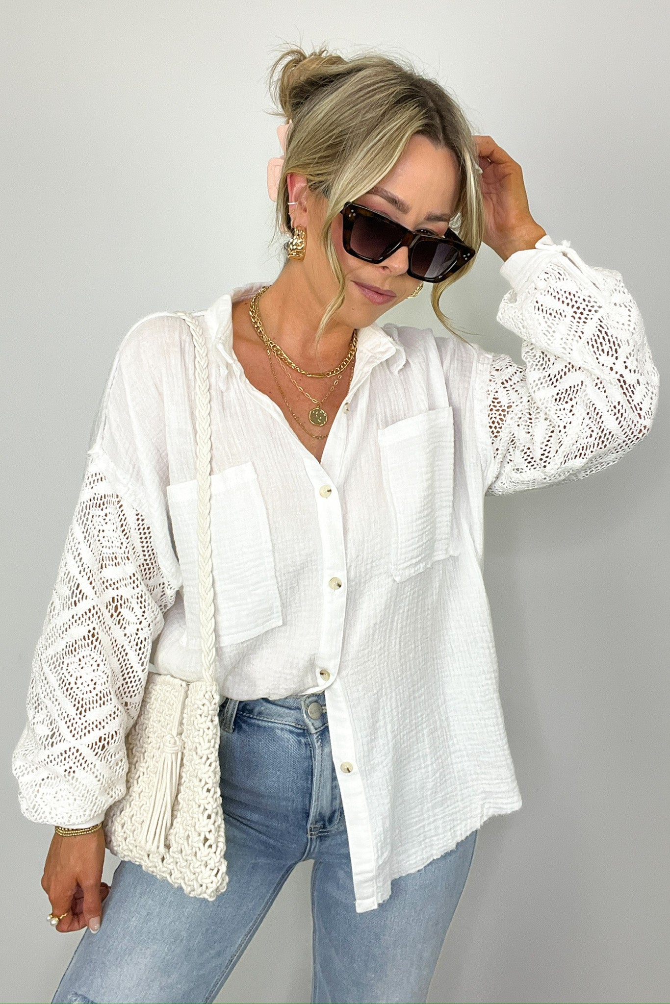  Desiree Crochet Sleeve Button Down Top - Madison and Mallory