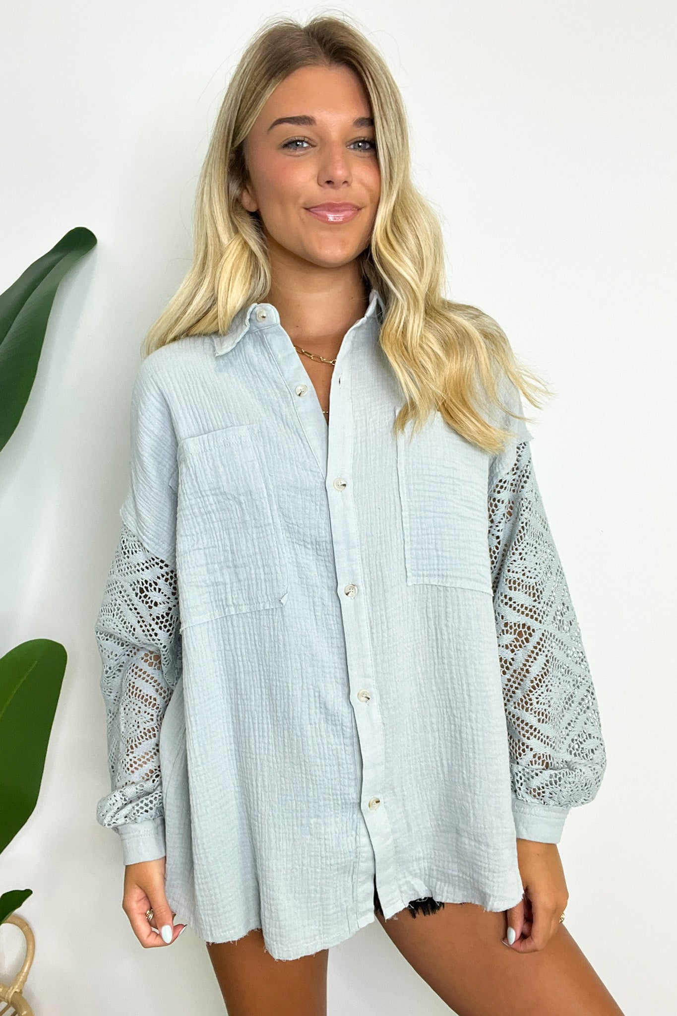  Desiree Crochet Sleeve Button Down Top - Madison and Mallory