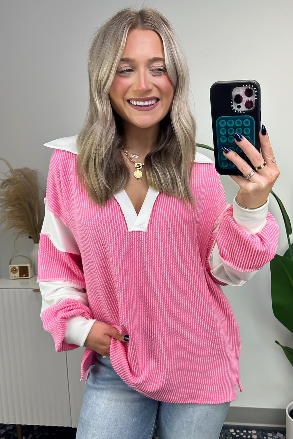  Destah Ribbed Collared Colorblock Top - FINAL SALE - Madison and Mallory