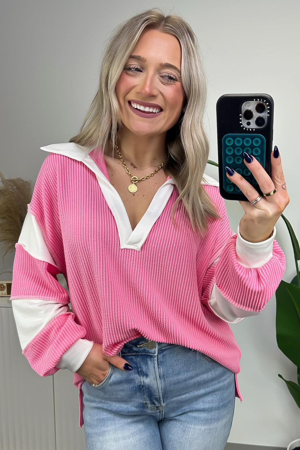 Fondant Pink / S Destah Ribbed Collared Colorblock Top - FINAL SALE - Madison and Mallory