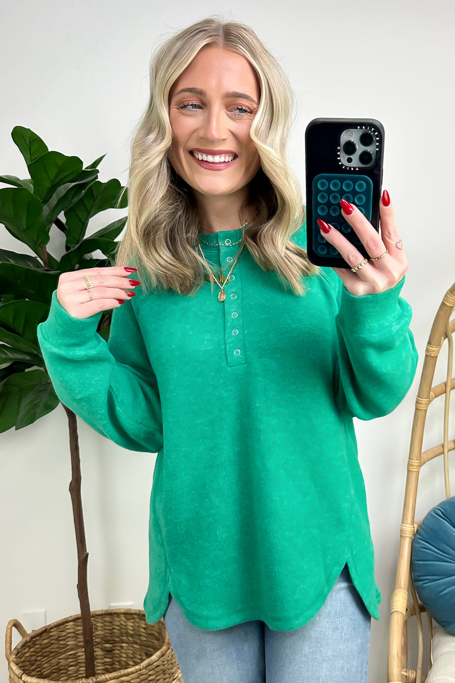 Kelly Green / SM Diannah Brushed Knit Relaxed Henley Top - BACK IN STOCK - Madison and Mallory
