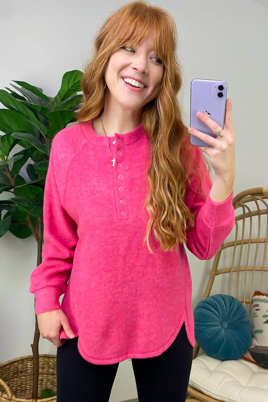 Fuchsia / SM Diannah Brushed Knit Relaxed Henley Top - FINAL SALE - Madison and Mallory