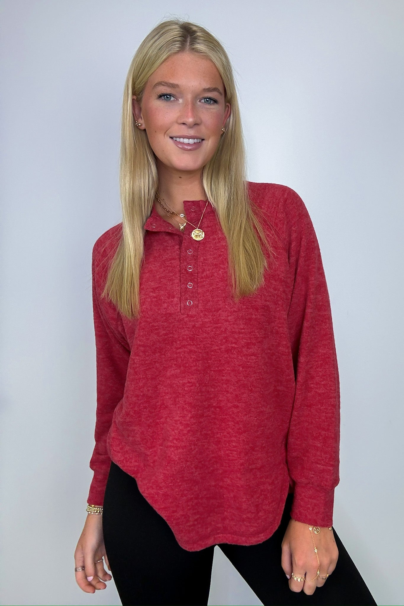 Dark Red / SM Diannah Brushed Knit Relaxed Henley Top - BACK IN STOCK - Madison and Mallory