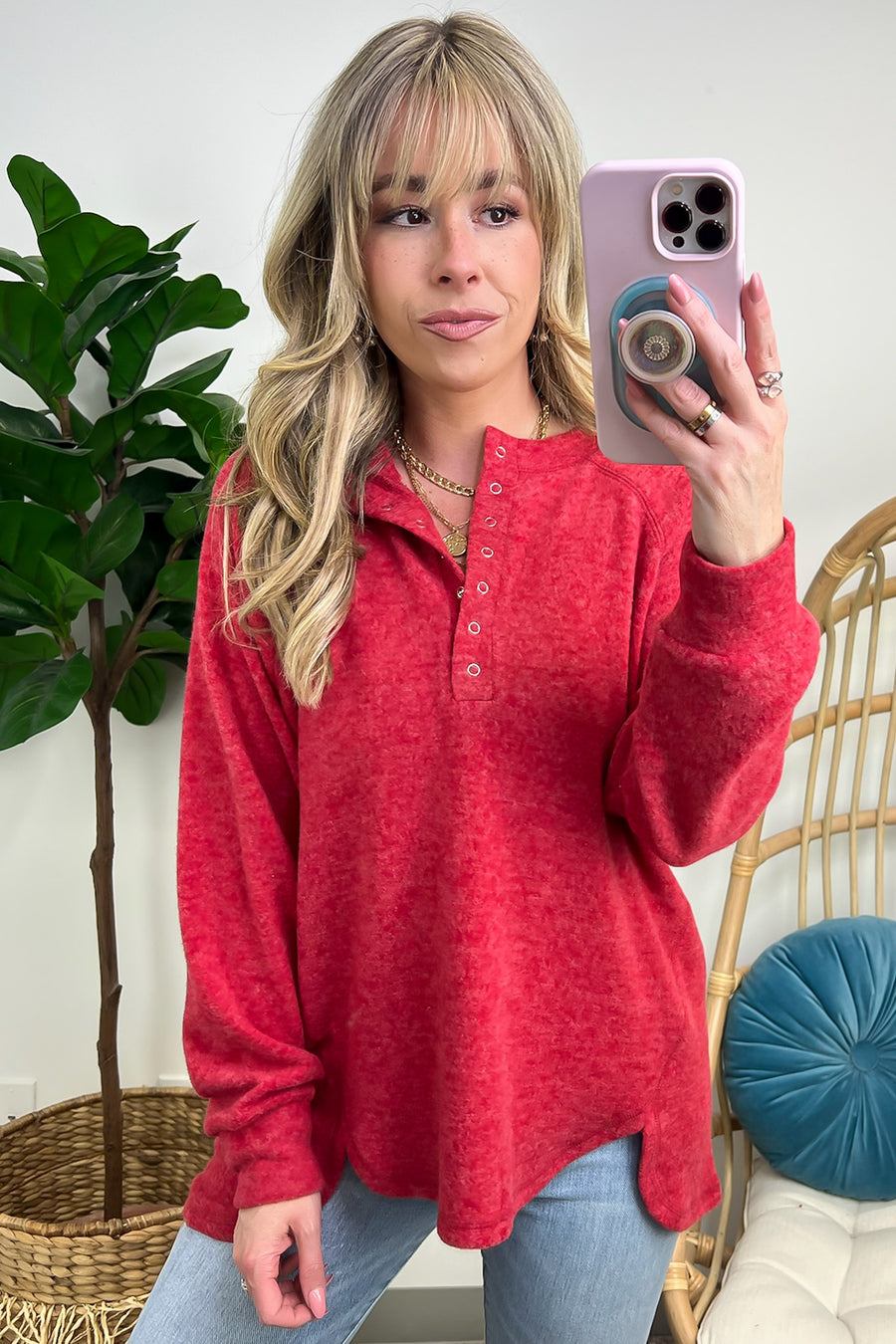 Dark Red / SM Diannah Brushed Knit Relaxed Henley Top - FINAL SALE - Madison and Mallory