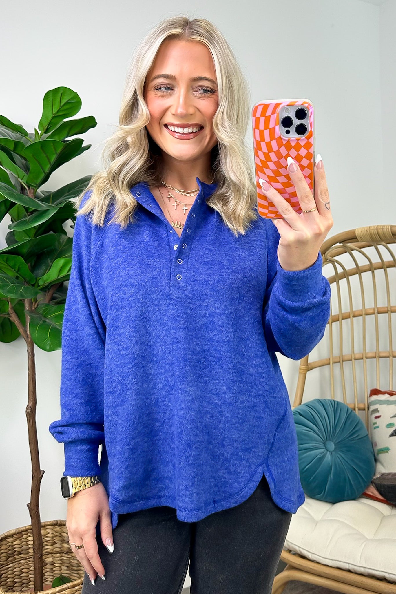 Bright Blue / SM Diannah Brushed Knit Relaxed Henley Top - BACK IN STOCK - Madison and Mallory