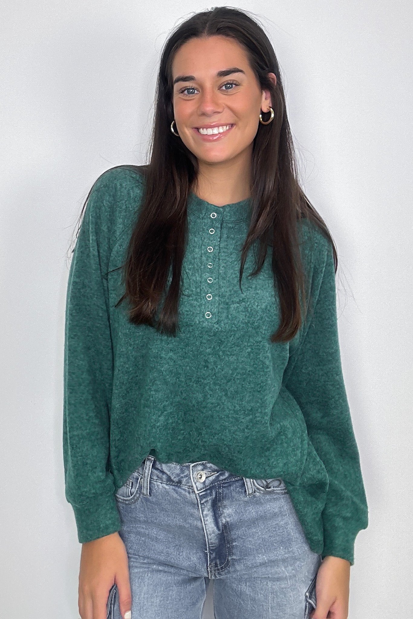 Dark Green / SM Diannah Brushed Knit Relaxed Henley Top - BACK IN STOCK - Madison and Mallory