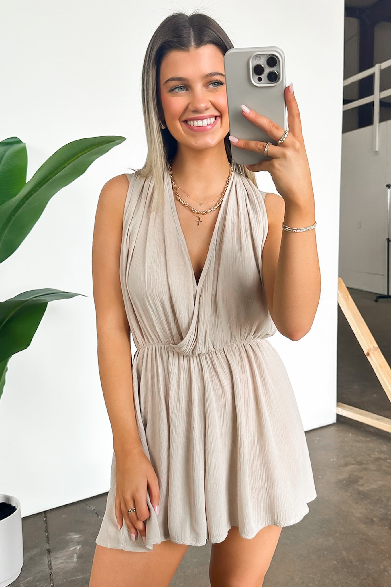 Sand Beige / S Dignified Beauty Draped Tie Back Romper - Madison and Mallory