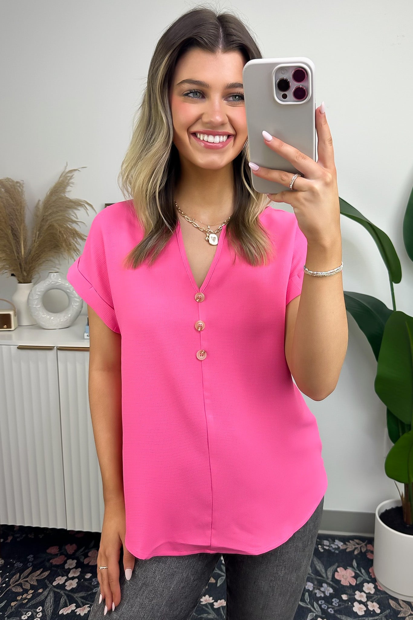 Pink / S Donatah Button Front Short Sleeve Top - Madison and Mallory