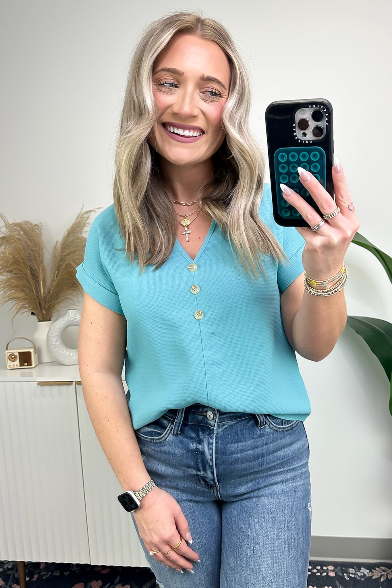 Dusty Mint / S Donatah Button Front Short Sleeve Top - Madison and Mallory