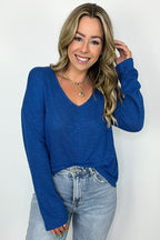 Classic Blue / S Downtime V-Neck Hacci Knit Top - FINAL SALE - Madison and Mallory