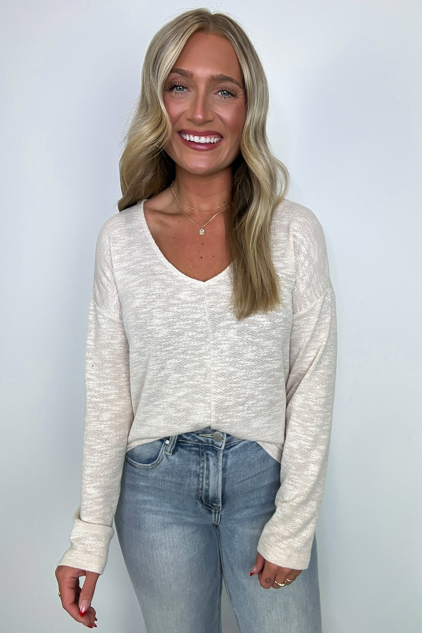 Sand Beige / S Downtime V-Neck Hacci Knit Top - Madison and Mallory