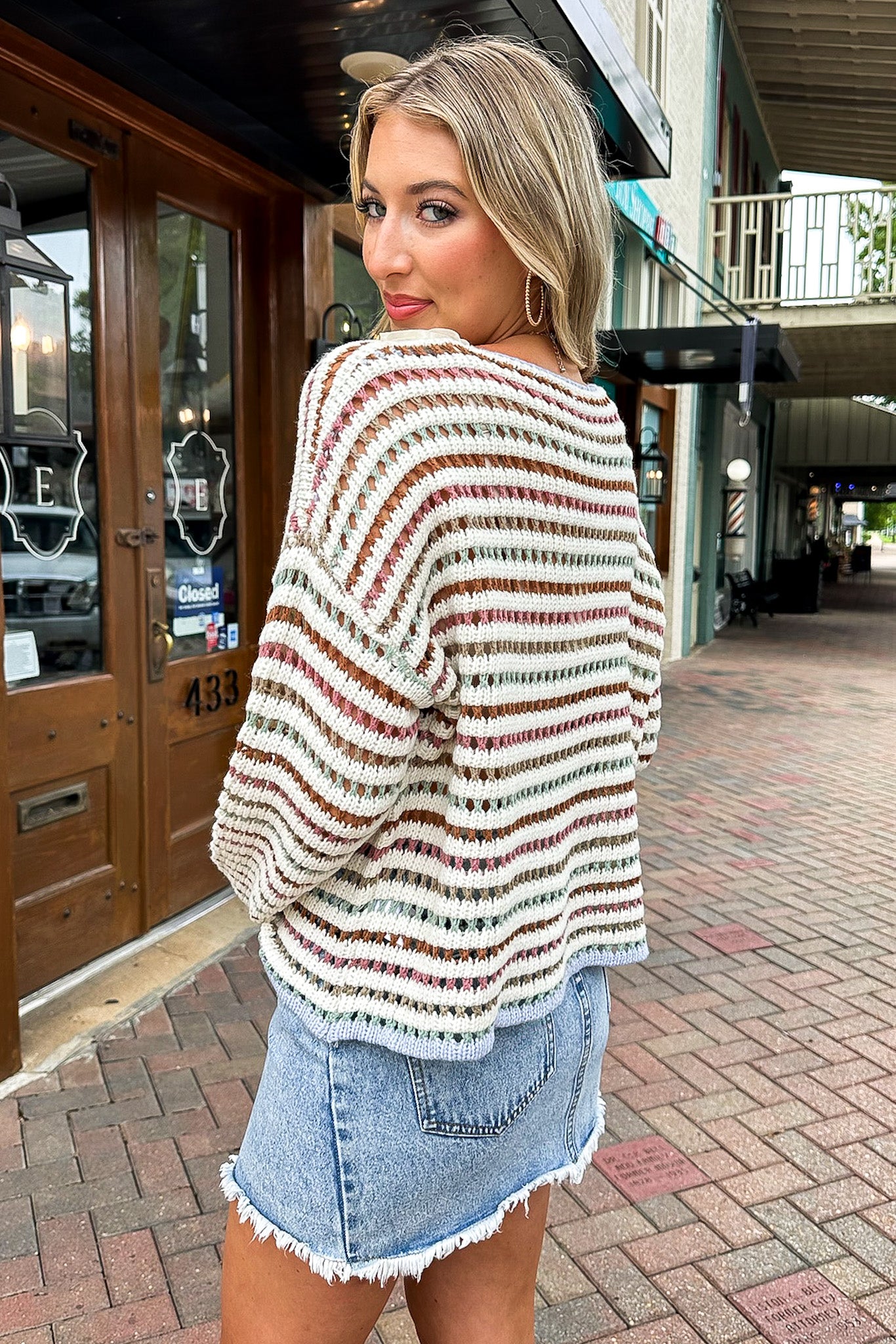 Downtown Thread Striped Crochet Drop Shoulder Sweater - Madison and Mallory