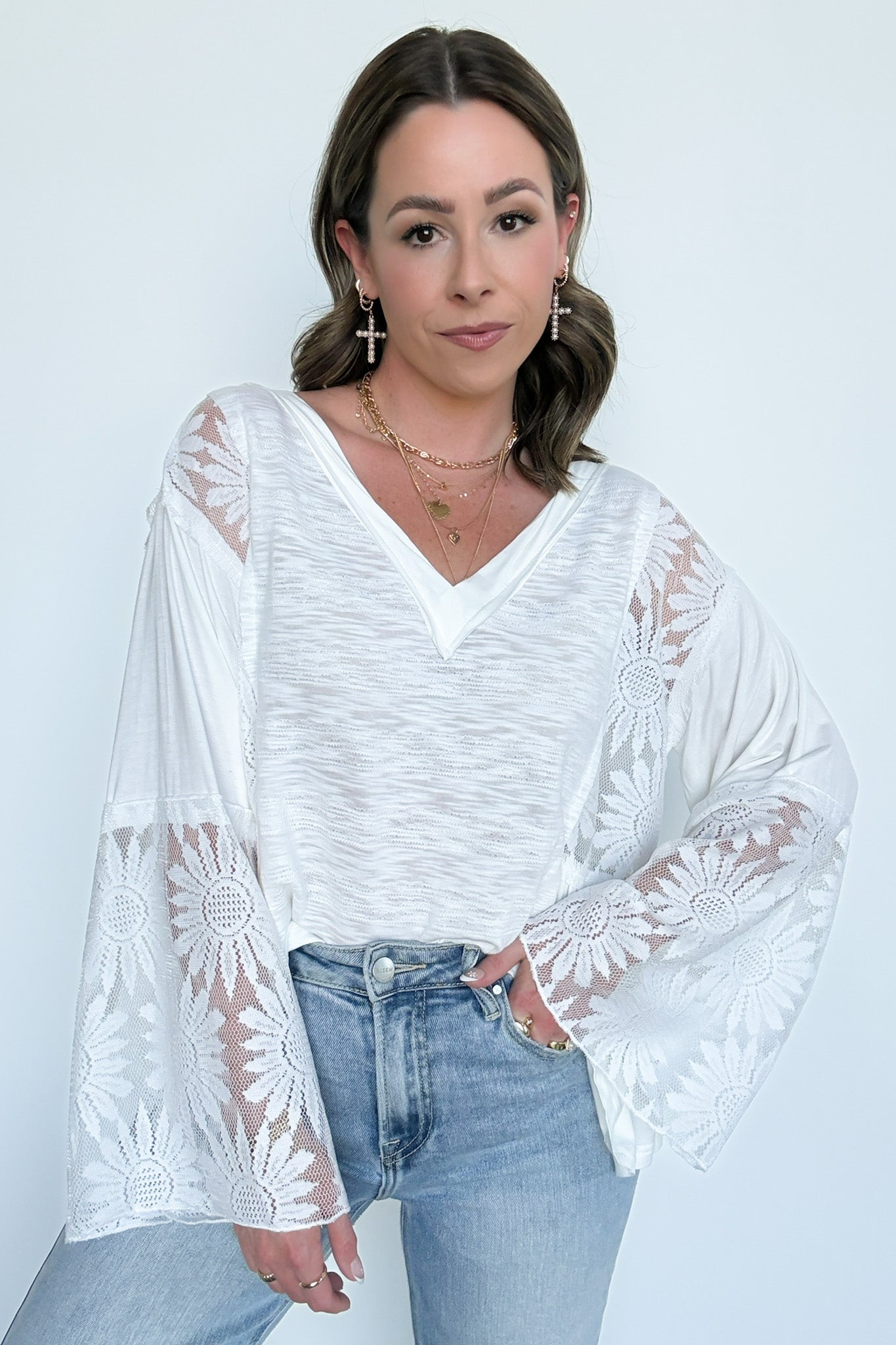  Dramatic Intent Lace Panel Flared Sleeve Top - Madison and Mallory