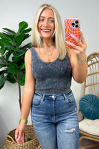 Ash Black / SM Dream Weekend Acid Wash Two-Way Neckline Tank Top - FINAL SALE - Madison and Mallory