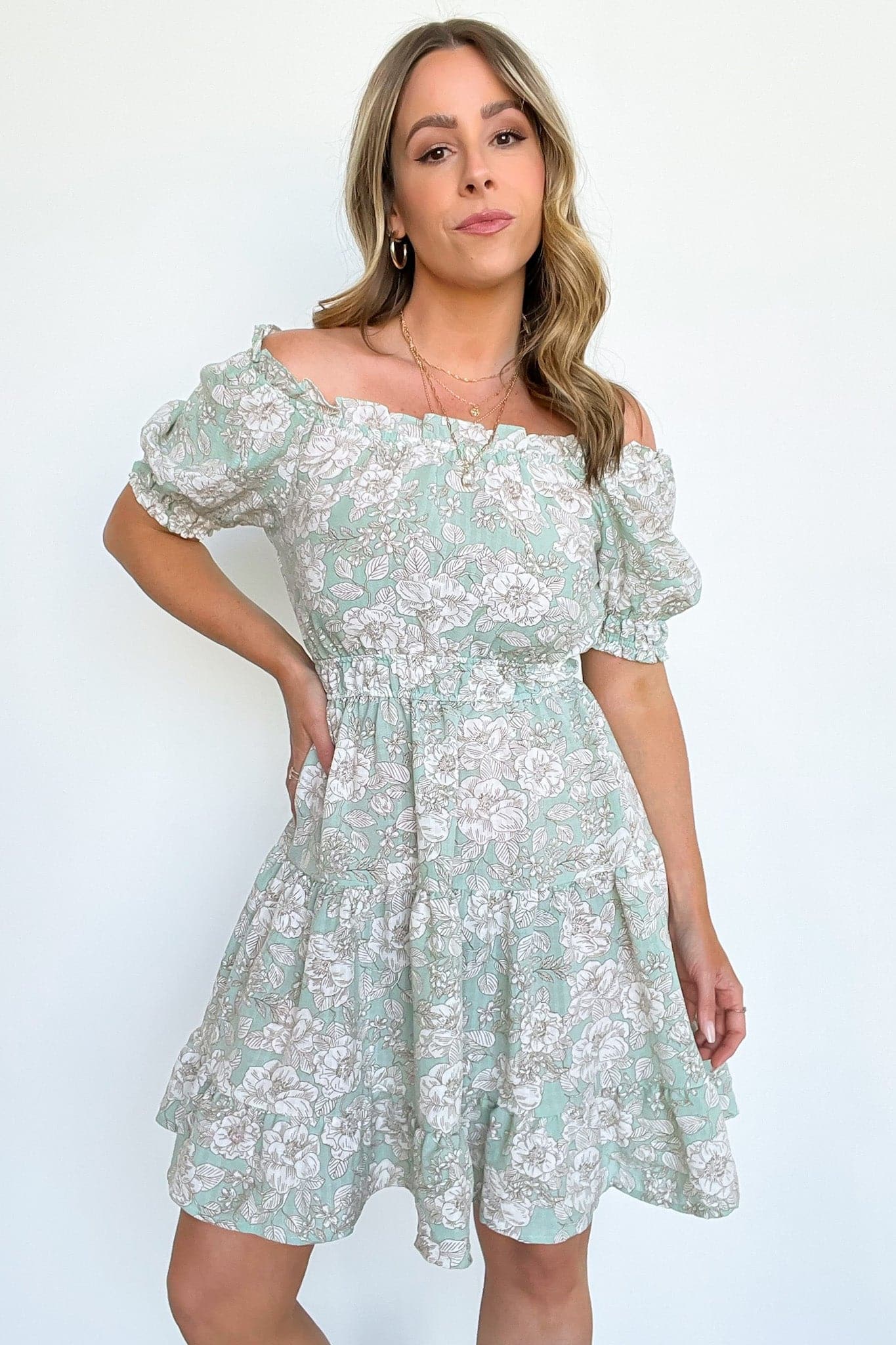 Sage / S Dreamiest Darling Off Shoulder Ruffle Floral Dress - FINAL SALE - Madison and Mallory