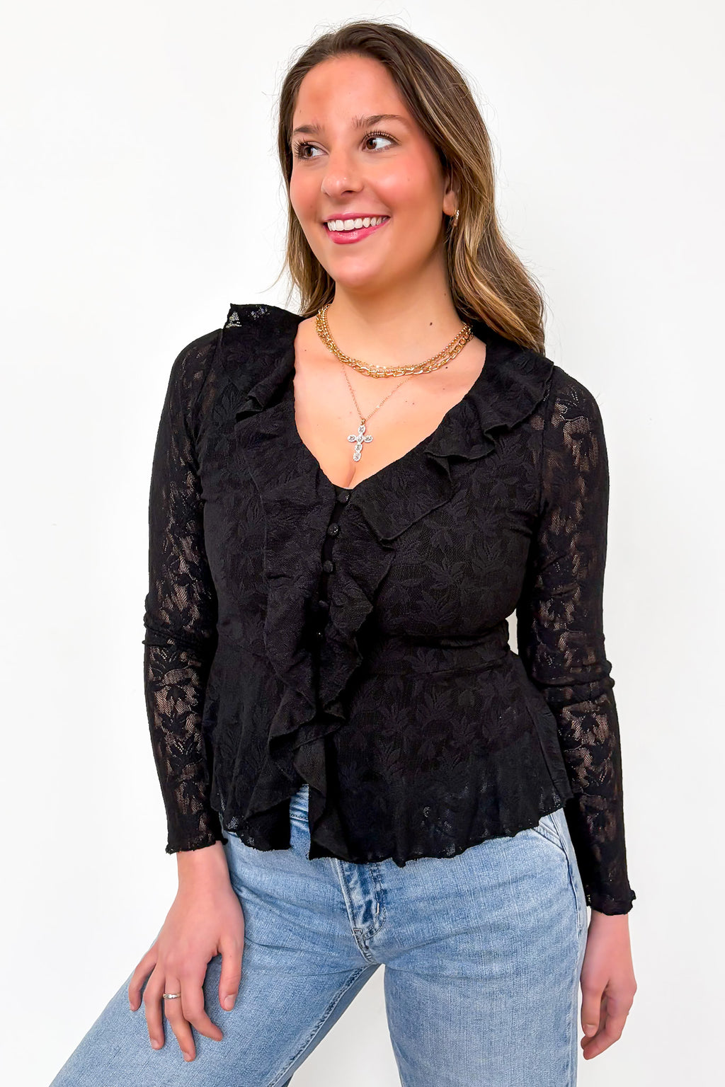 Dreamweaver Jacquard Knit Lace Romantic Ruffle Top - Madison and Mallory