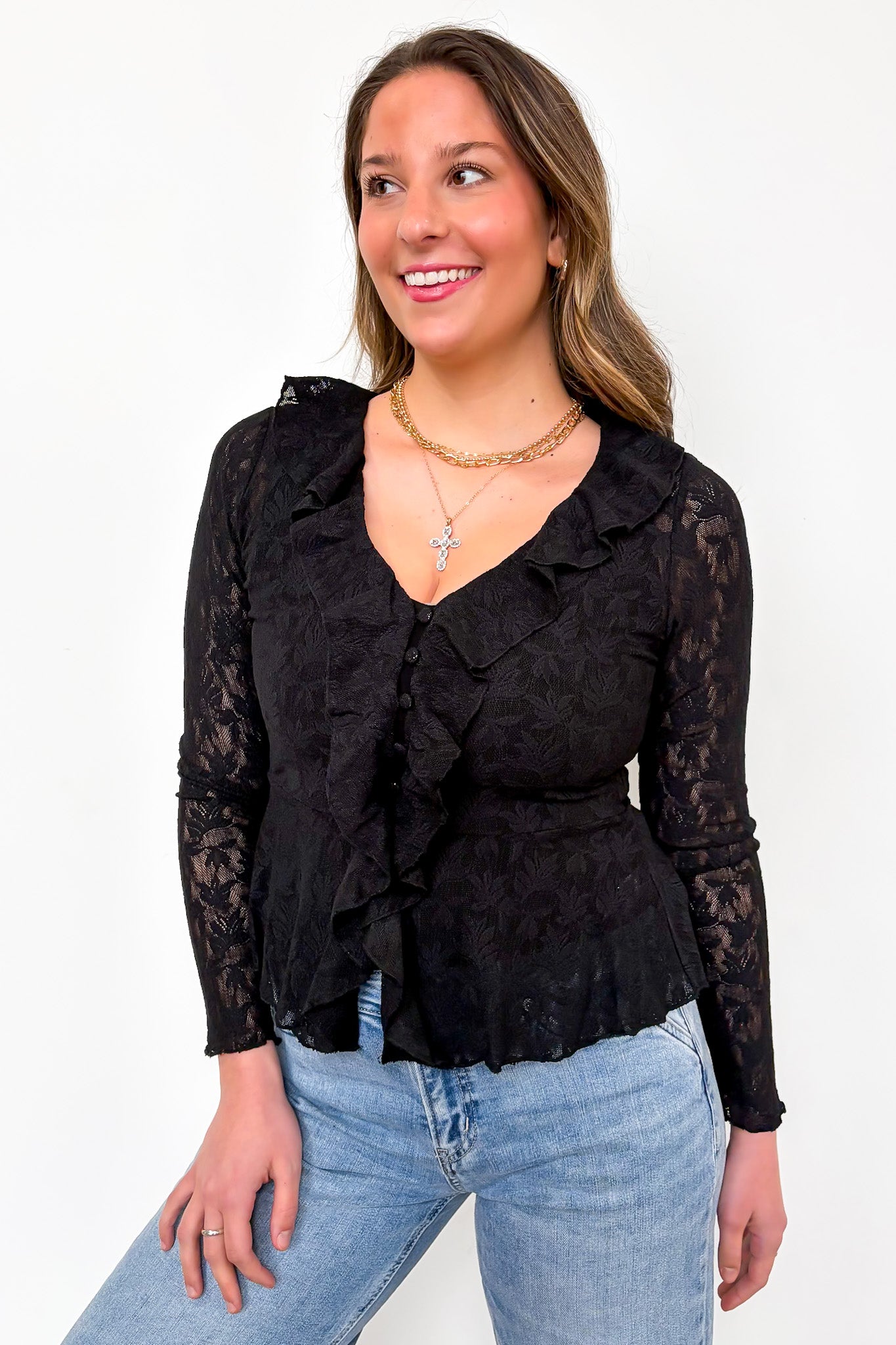 Dreamweaver Jacquard Knit Lace Romantic Ruffle Top - Madison and Mallory