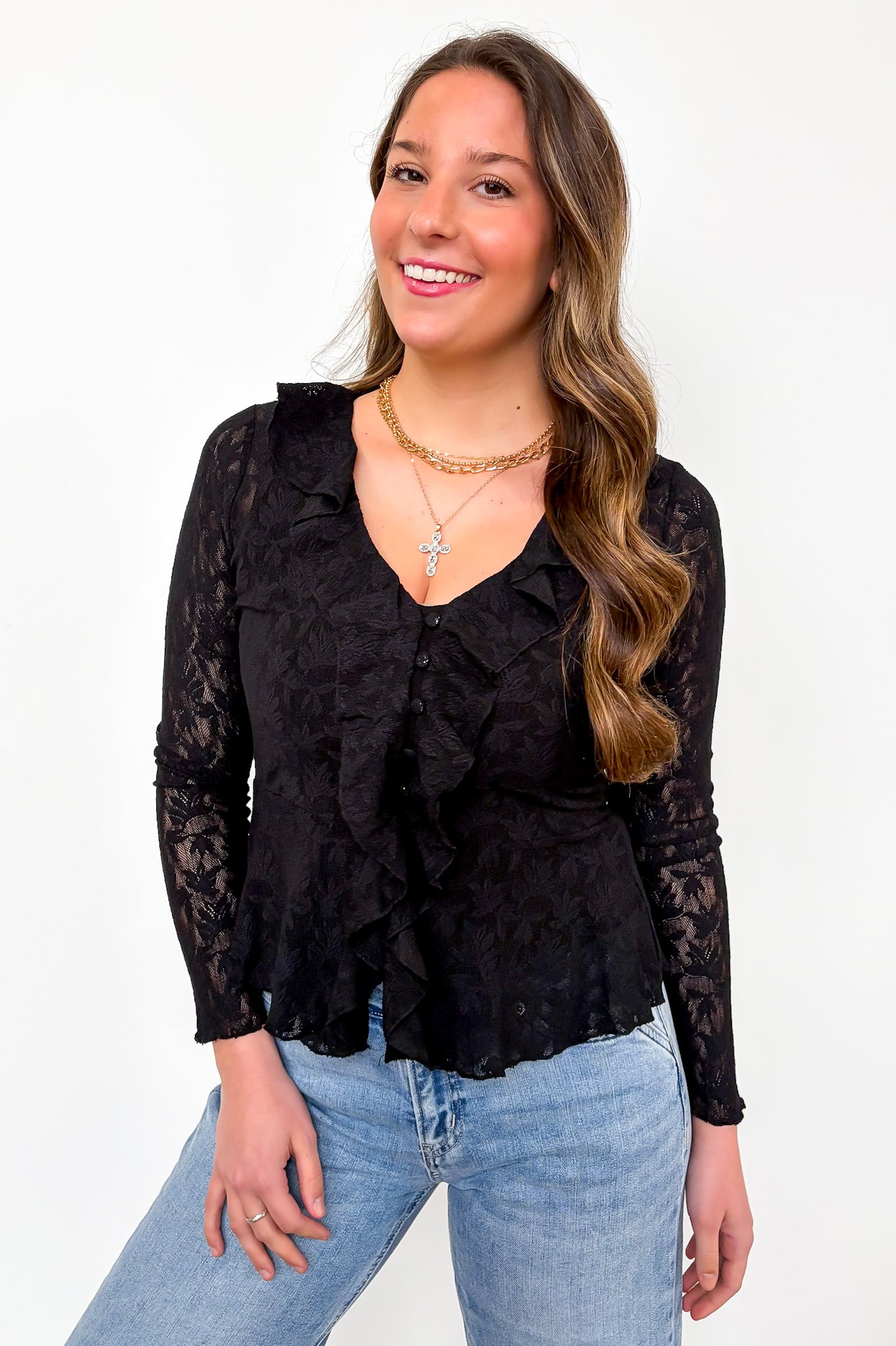 Dreamweaver Jacquard Knit Lace Romantic Ruffle Top - Madison and Mallory