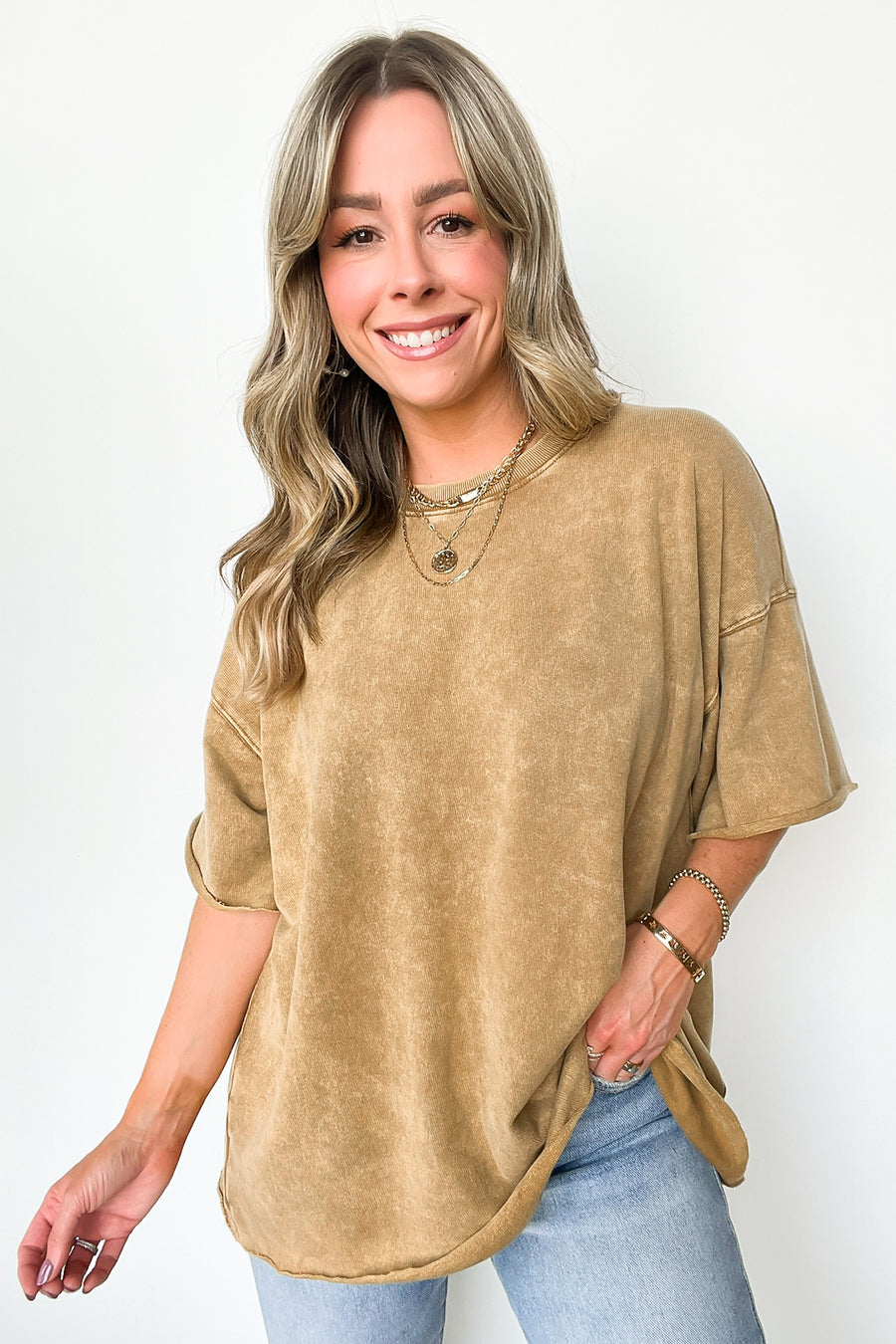 Camel / SM Drifting Dreams Acid Wash Relaxed Fit Top - BACK IN STOCK - Madison and Mallory