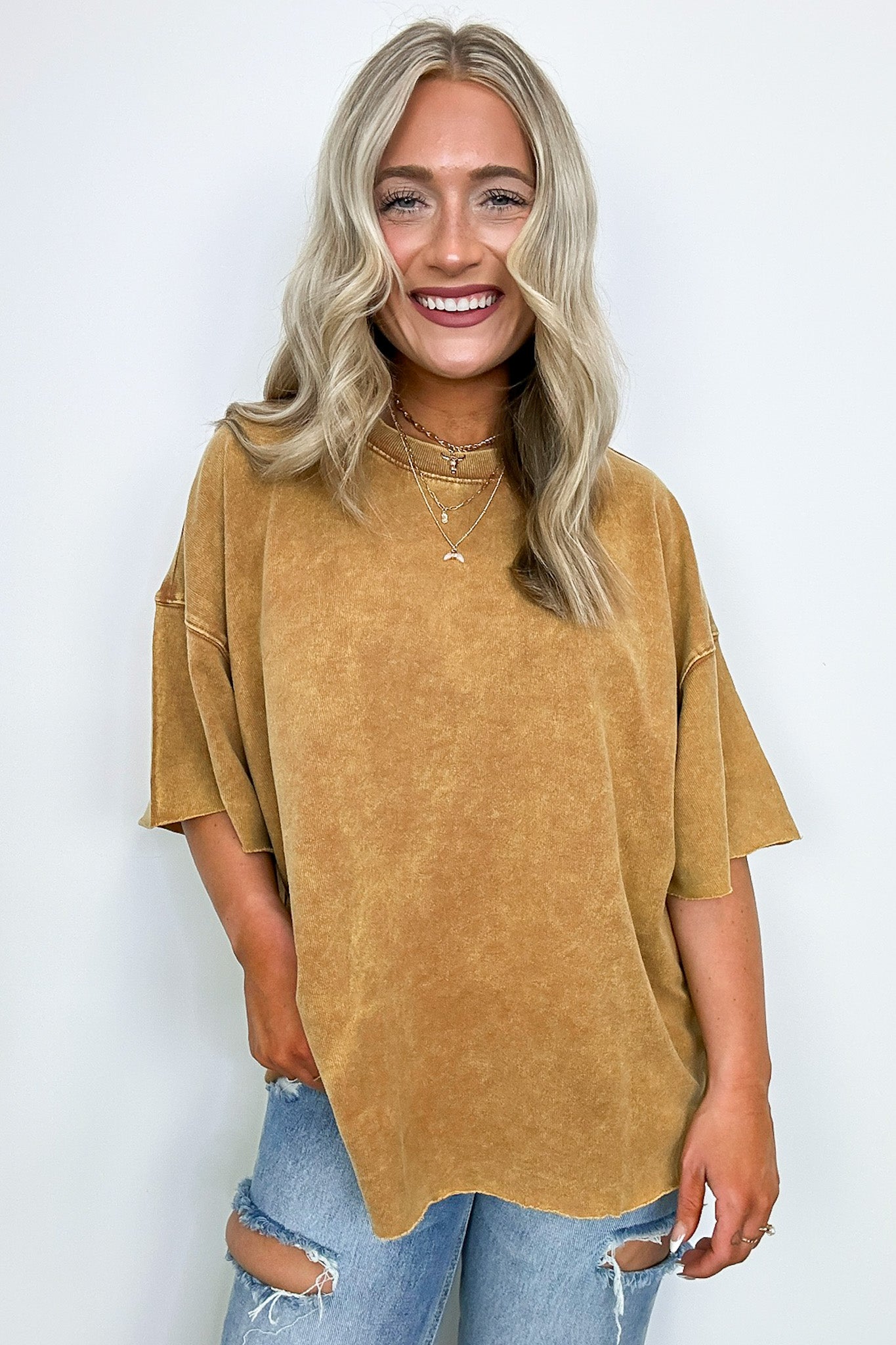 Deep Camel / SM Drifting Dreams Acid Wash Relaxed Fit Top - BACK IN STOCK - Madison and Mallory