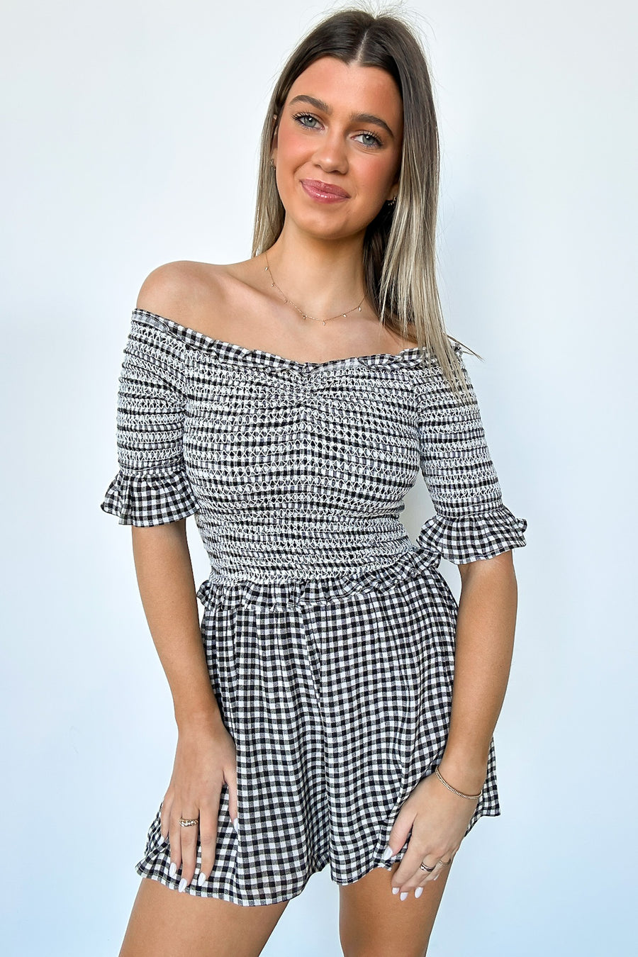  Dylan Off Shoulder Plaid Smocked Romper - Madison and Mallory