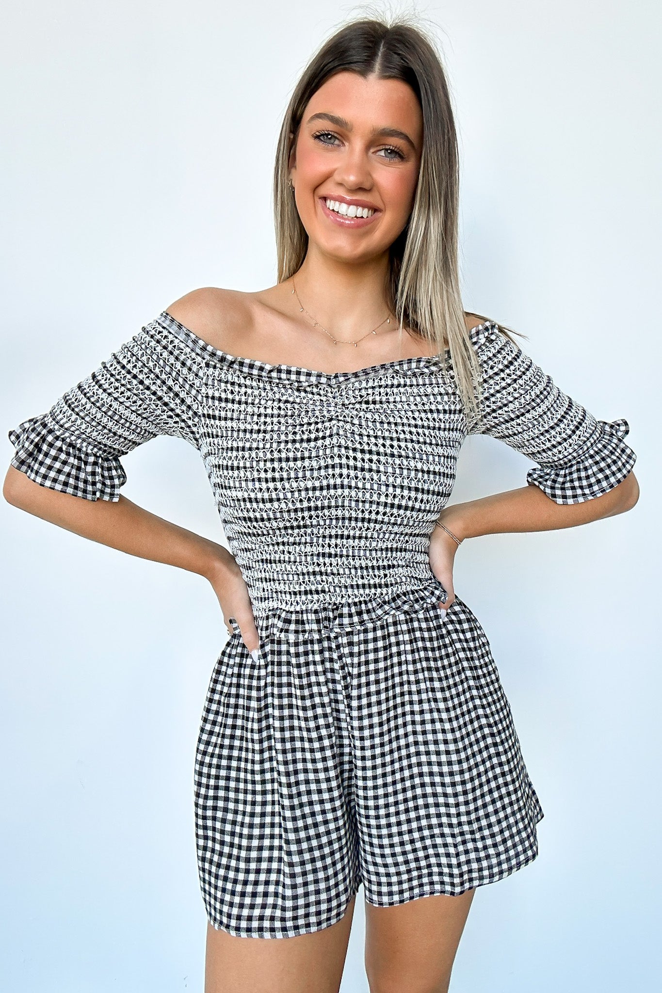 S / Black Dylan Off Shoulder Plaid Smocked Romper - Madison and Mallory