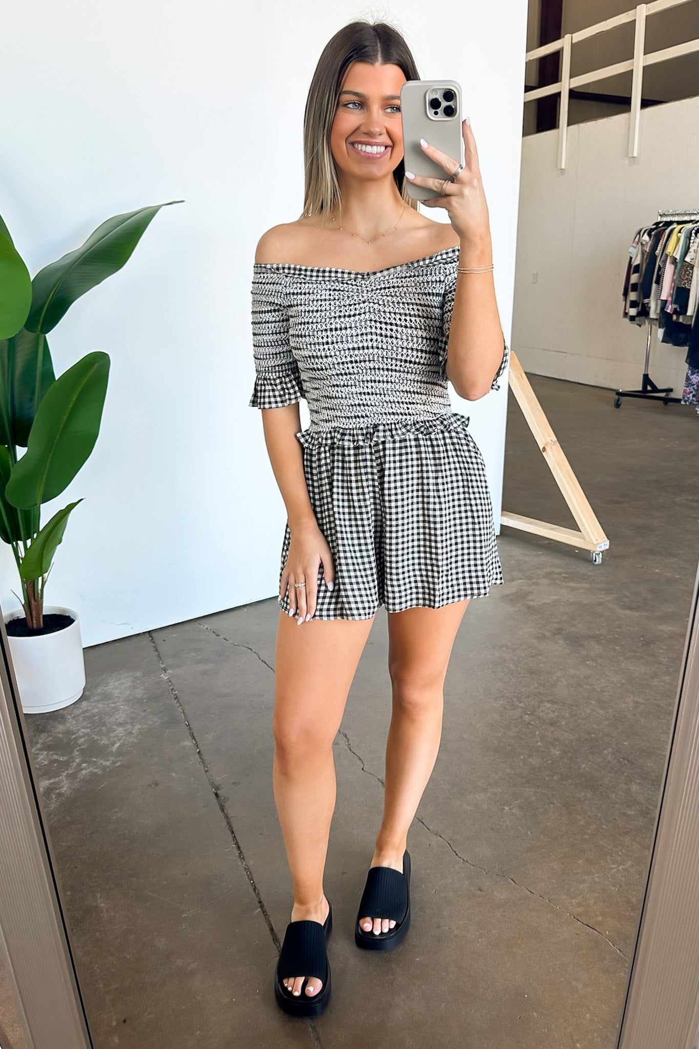  Dylan Off Shoulder Plaid Smocked Romper - Madison and Mallory