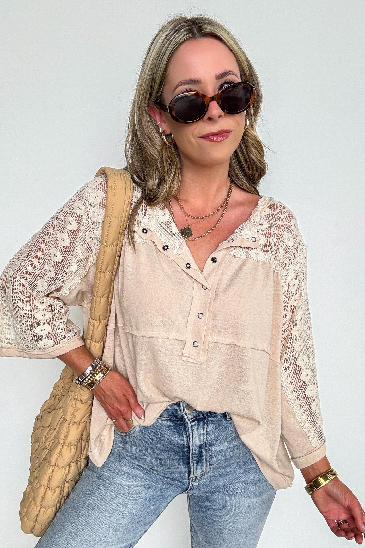 Coconut / S Crochet Core Henley Top - Madison and Mallory