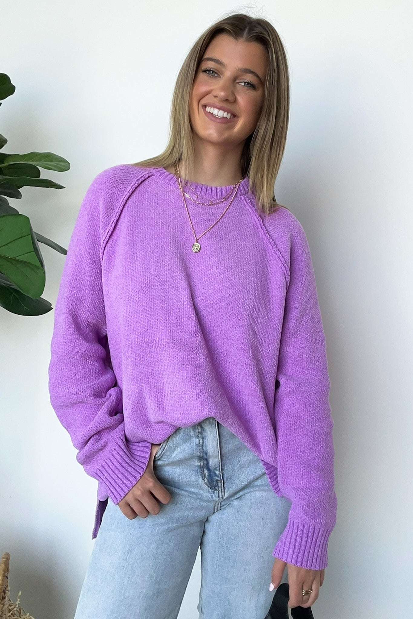 Bright Lavender / S Easily Endearing Chenille Knit Raglan Sweater - BACK IN STOCK - Madison and Mallory