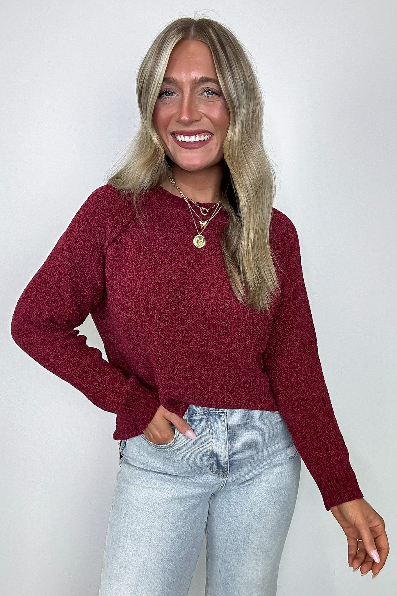 Cabernet / S Easily Endearing Chenille Knit Raglan Sweater - BACK IN STOCK - Madison and Mallory