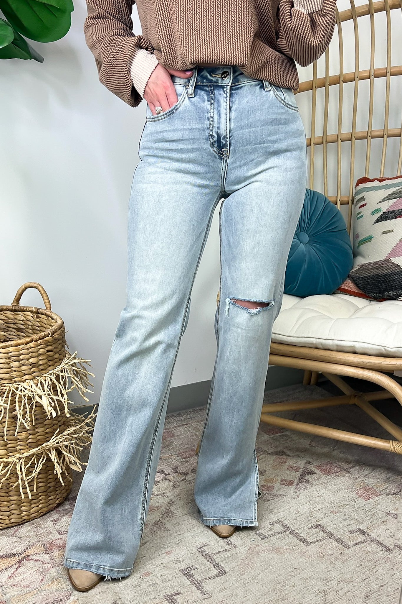 Light Denim / 1 Easton High Rise Distressed Wide Flare Jeans - Madison and Mallory